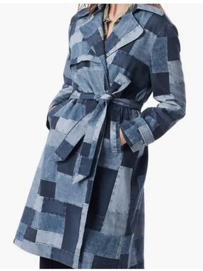 Patchwork Denim Trench Coat in Mixed Blue
